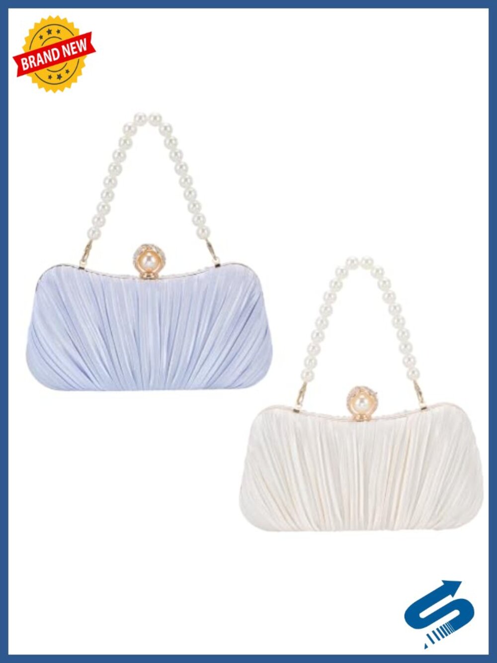 2 Pleated Satin Clutch Purse with Pearl Chain Strap Evening Bag for Wedding